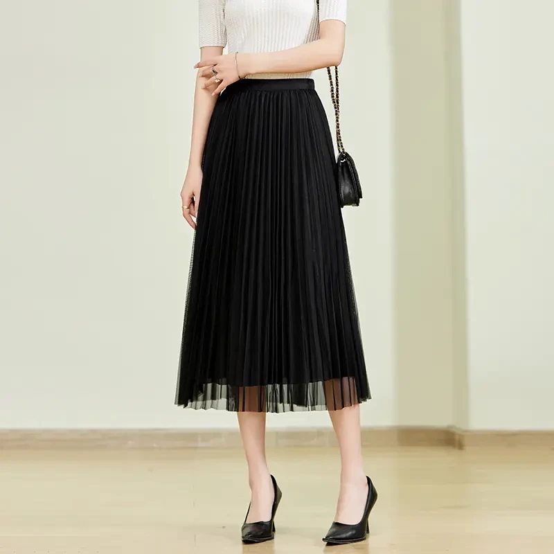 2025夏季新款高腰百搭纯色A字网纱半身裙