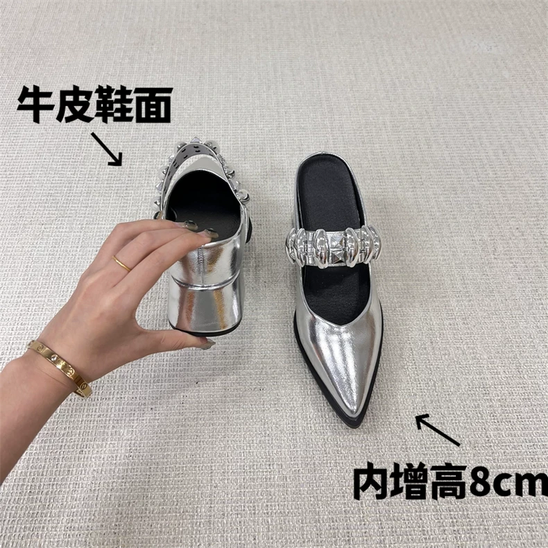 内增高法式浅口尖头玛丽珍鞋新款不累脚高跟单鞋女鞋子银色粗跟