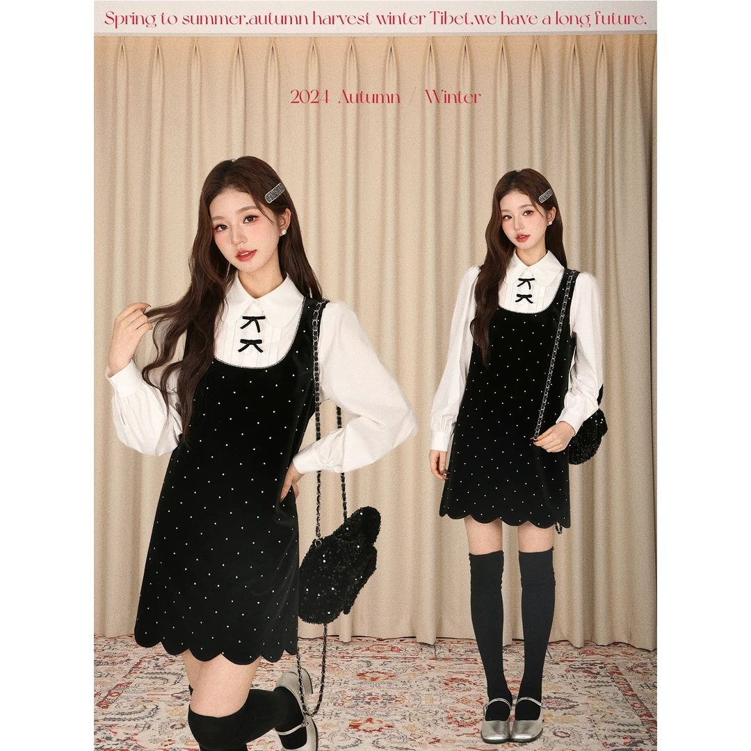 DALU  花瓣下摆设计！丝绒背心连衣裙+白色长袖衬衫 套装