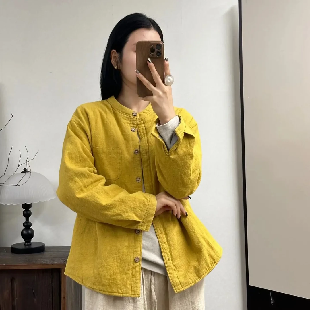 亚麻立领纯色衬衫棉服