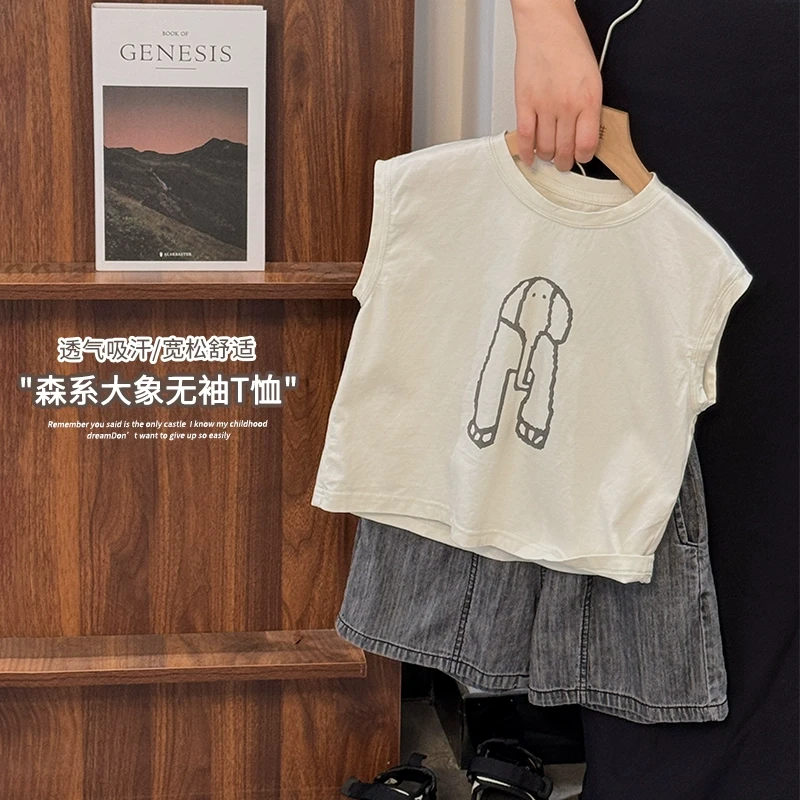 《夏上新》男女童印花圆领无袖大象T恤25XT204韩版白色透气薄背心
