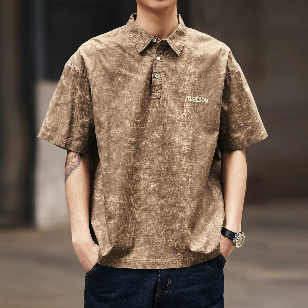 格蓝鹿美式复古扎染工装polo衫男夏季潮牌宽松休闲刺绣翻领T恤男