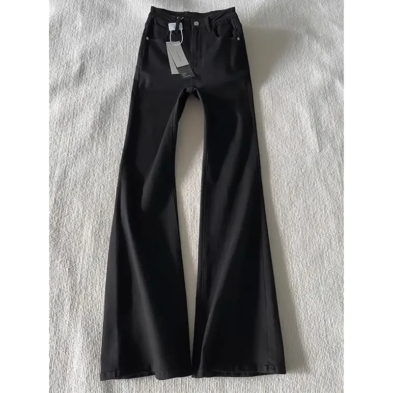 纯黑色高腰弯刀牛仔裤男夏季薄款美式vibe系皮带裤子显瘦微喇长裤