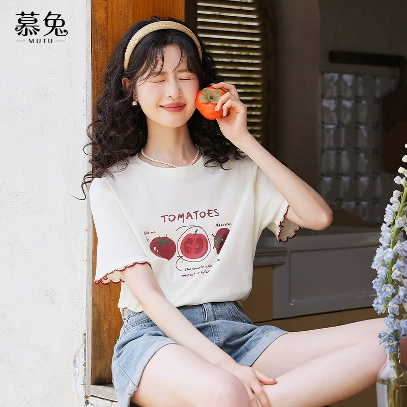 慕兔韩系甜美番茄印花短袖t恤女2025夏季新款宽松休闲小个子上衣