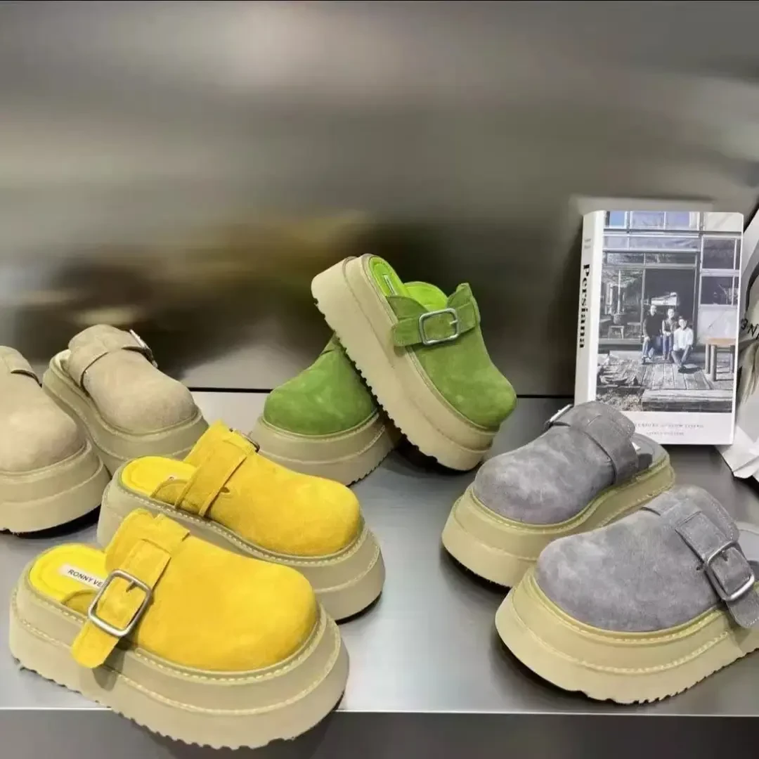 2025磨砂皮复古厚底勃肯鞋女2025新款小个子增高休闲包头半拖鞋潮