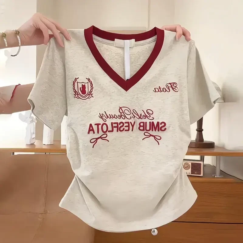 93%棉大码胖mm美式撞色V领短袖T恤女夏季正肩褶皱收腰小衫上衣