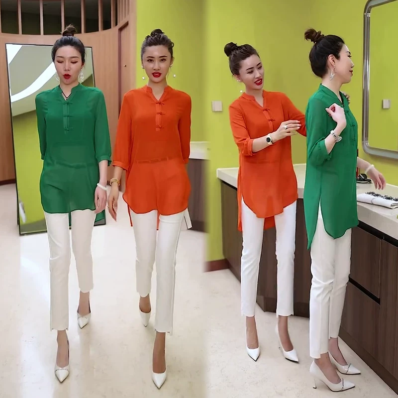 夏季网红爆款时尚雪纺衫女2022年夏季新款韩版显瘦五分袖盘扣V领