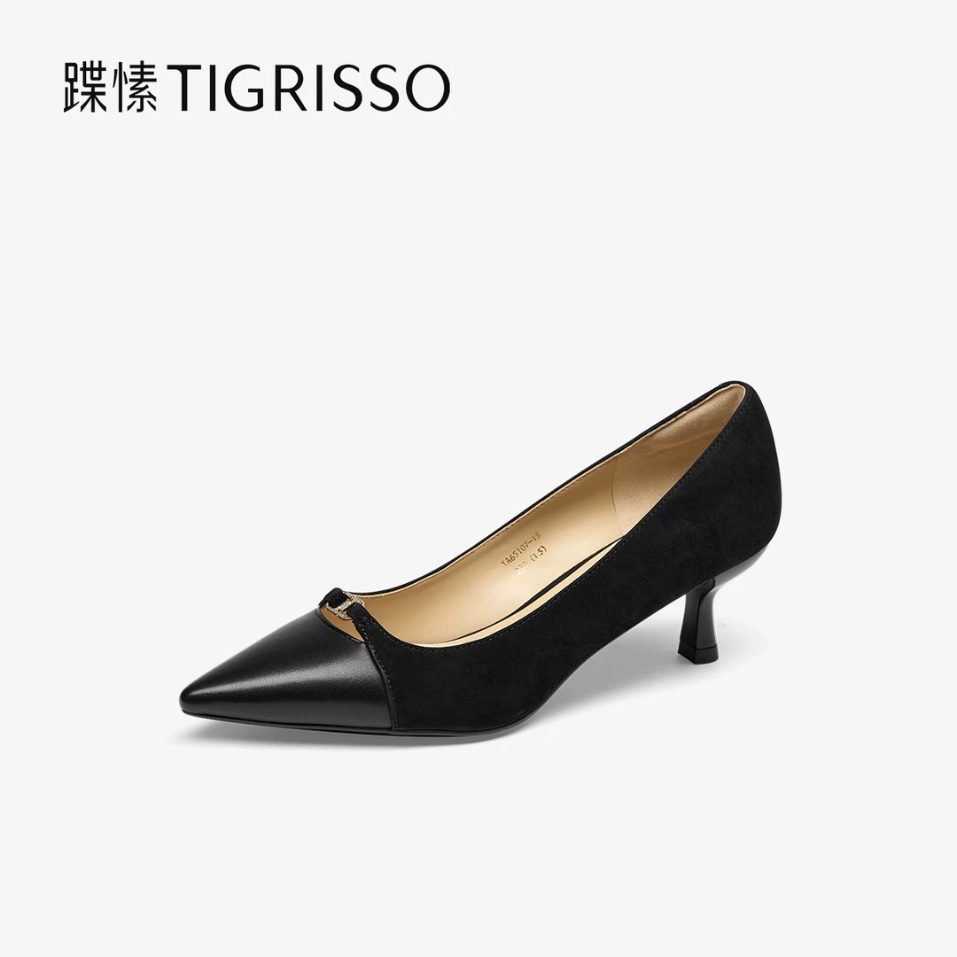 蹀愫25年春夏欧若风拼接羊绒浅口单鞋5.5CM细跟高跟鞋TA65107-15