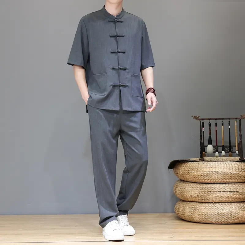 夏季薄款天丝麻新中式休闲唐装男款套装短袖中山装茶服复古风男装