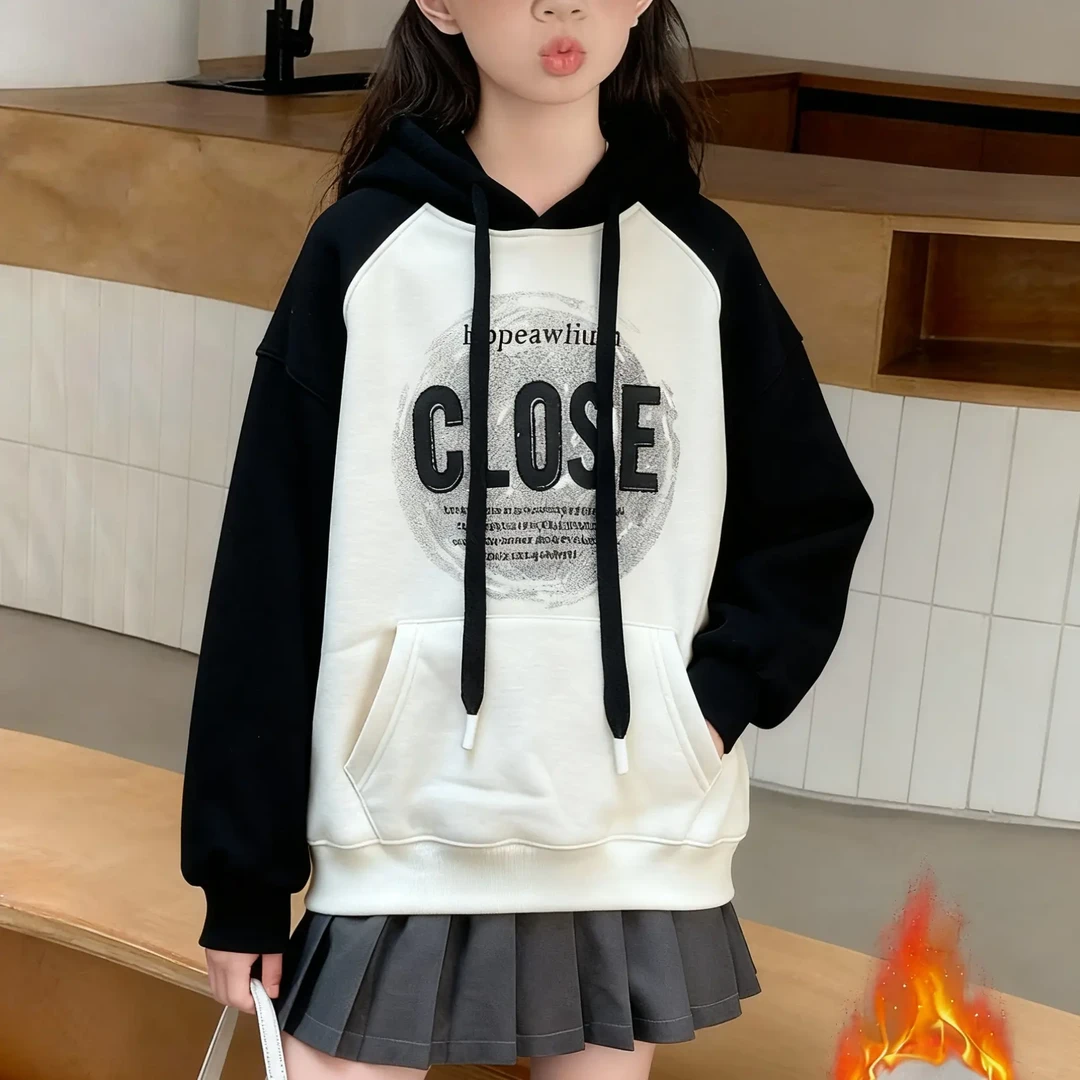 女童连帽卫衣秋冬款保暖新款洋气儿童韩版时髦秋装中大童帽衫上衣