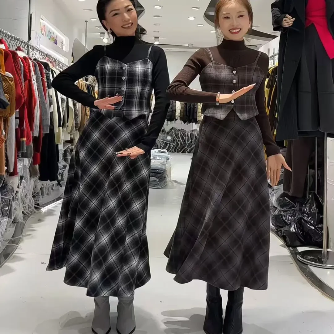 JINTAIYANG【3214】秋冬法式复古针织格子套装