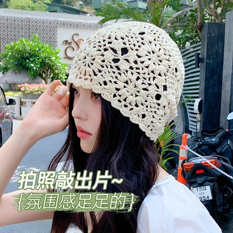 白色镂空编织包头帽子女日系薄款毛线帽2024新款针织帽蕾丝堆堆帽