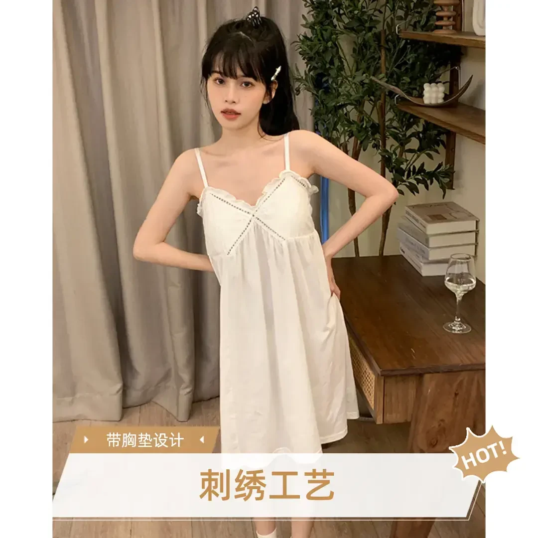 带胸垫睡衣吊带睡裙女纯欲风薄款宽松甜美可爱可外小白裙睡裙女夏