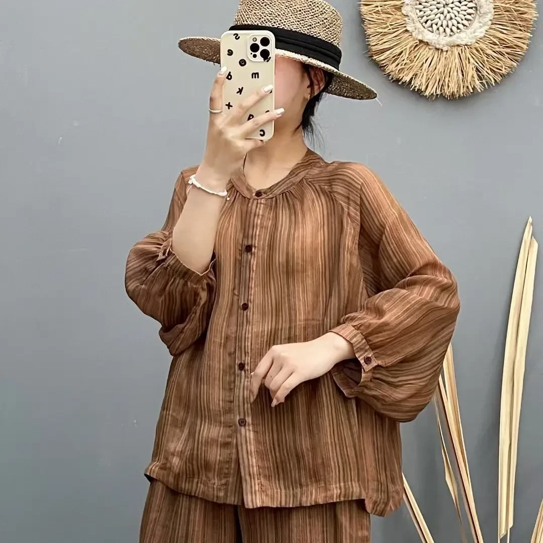 拼色条纹苎麻衬衫插肩袖显瘦文艺休闲百搭小衫春夏款