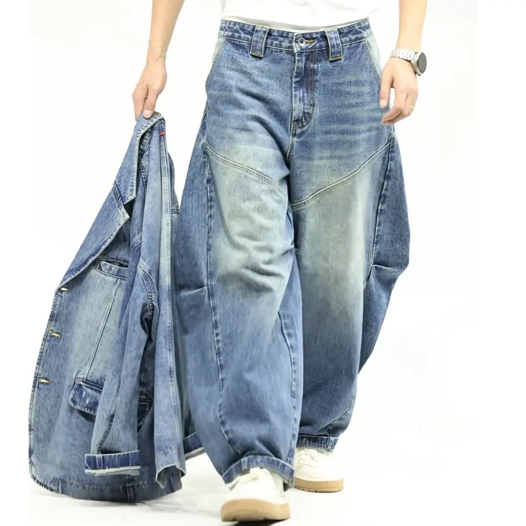 2025 NKER (陈先生设计师款)美式潮流做旧弯刀宽松阔腿水洗牛仔裤