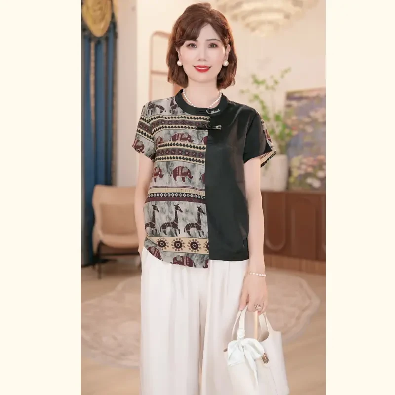 2025新中年妈妈夏季时尚上衣服洋气中老年女装上衣套装