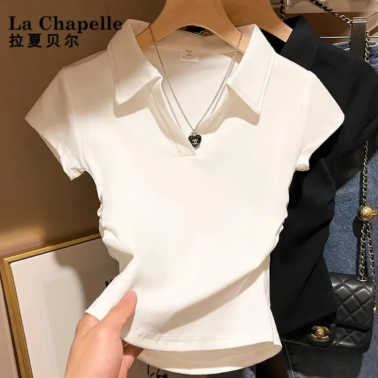 拉夏贝尔短袖T恤女夏季白色polo领翻领上衣短款收腰修身休闲时尚