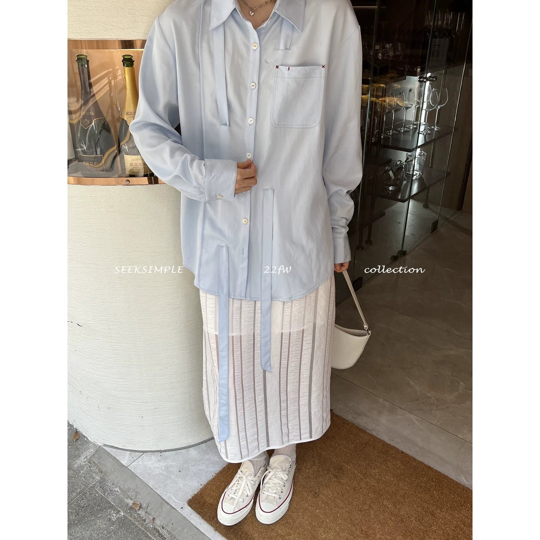 【】跌入条纹陷阱 条纹半身裙春季新款肌理感直筒裙F1310