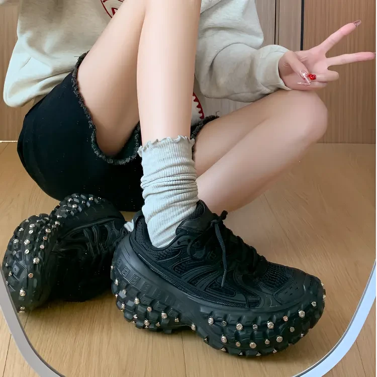 欧若风明星同款老爹鞋重工铆钉轮胎底休闲鞋男女款增高软底运动鞋