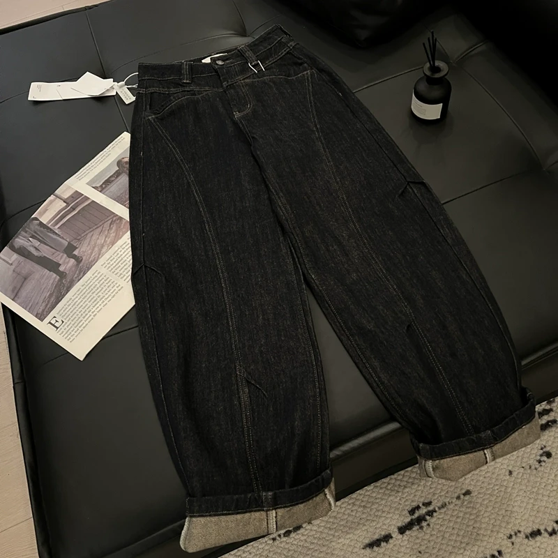 Q88丹宁牛仔弯刀裤女显腿直2025春季新款高腰宽松直筒窄版阔腿裤