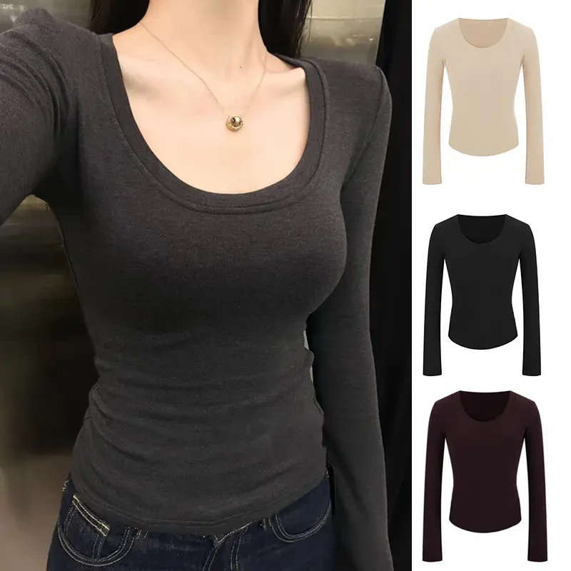 U领打底衫女2025秋冬新款圆领内搭长袖t恤修身显瘦低领上衣