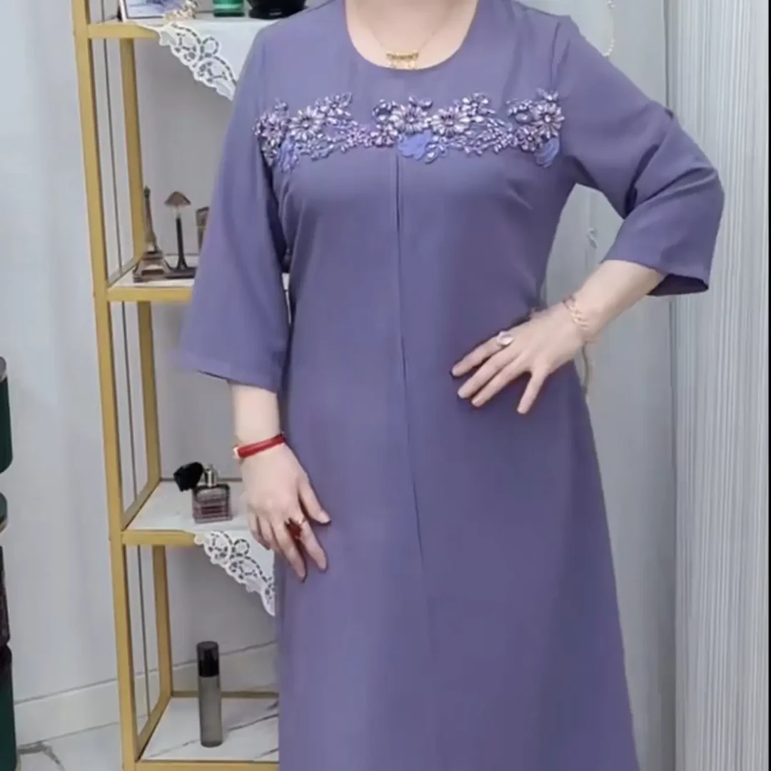 圆领七分袖手工缝钻民族风高档面料长款气质连衣裙