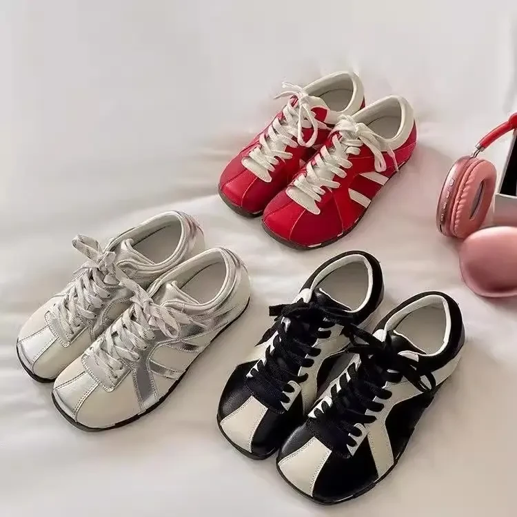 赵露思倪妮同款小方头斑马鞋2025新款运动休闲内增高红色德训鞋女