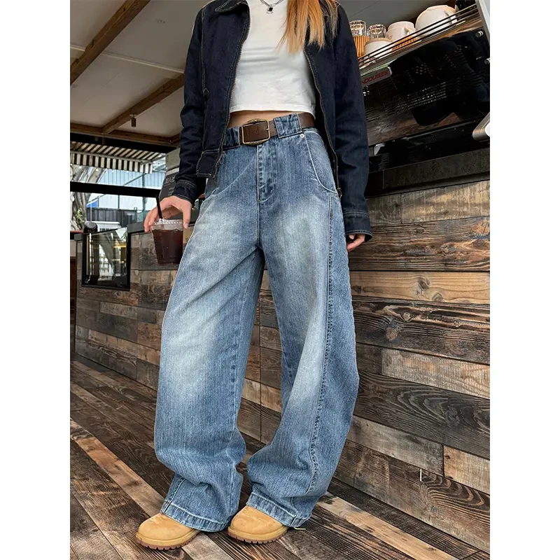 复古oversize牛仔裤男2024秋冬季校园风美式高街阔腿显瘦香蕉裤子