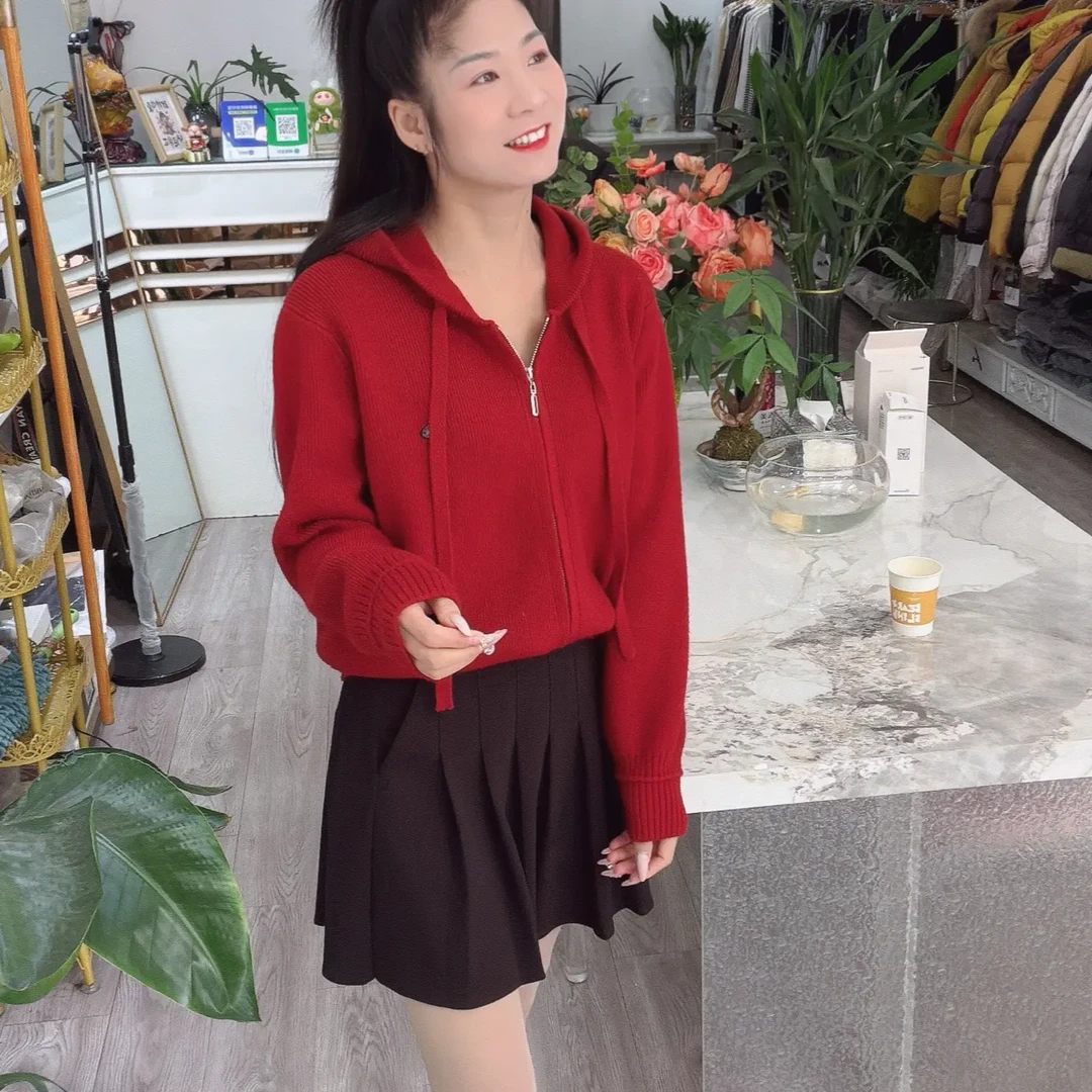 双拉链连帽针织开衫女秋冬韩系复古短款长袖百搭松弛感厚款外套