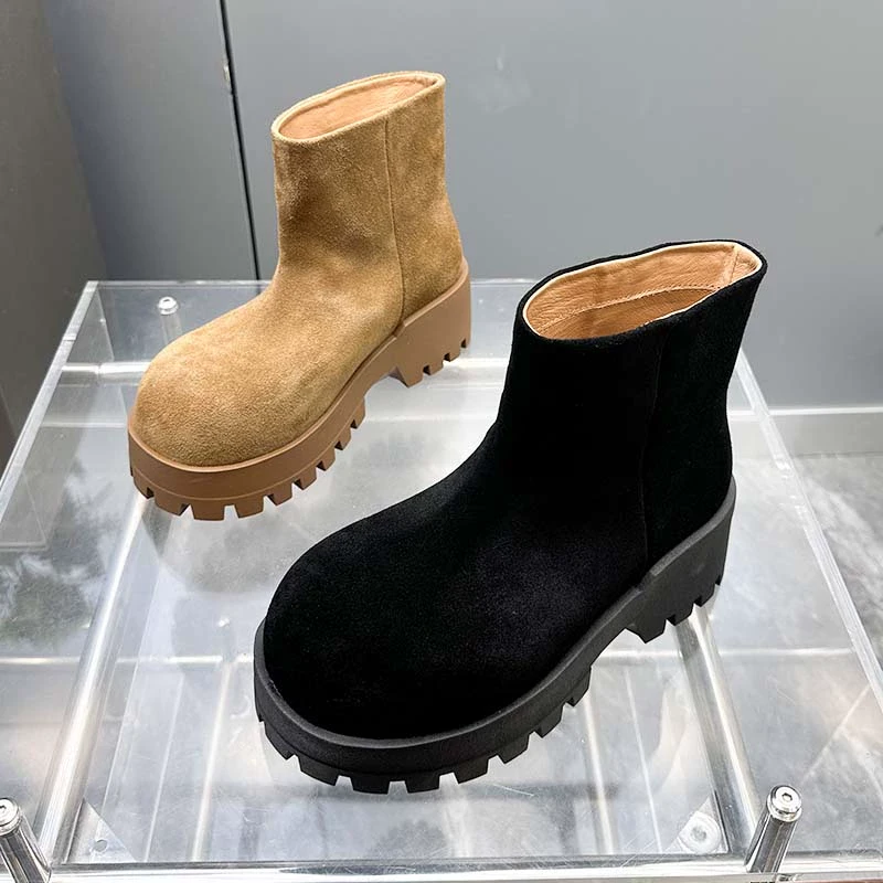 【现货】2024秋季新款松糕短靴女鞋磨砂真皮复古加绒马丁靴P6037-1