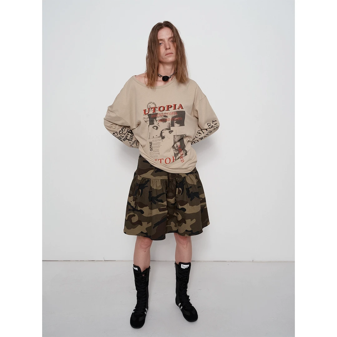 1c00M4 春夏新款“运动芭蕾”迷彩蓬蓬中裙复古原创半裙夏季女