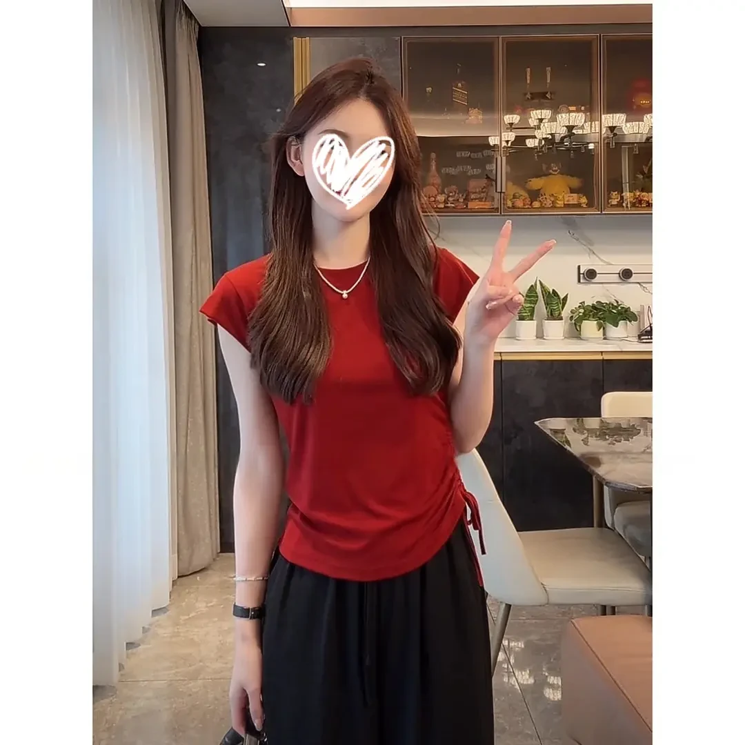 褶皱抽绳收腰短袖T恤2025新款夏季女圆领修身坎肩设计感显瘦上衣