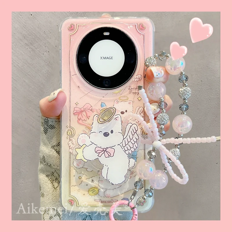 适用华为mate70pro+手机壳可爱闪粉翅膀mate60pro+西高地狗狗支架