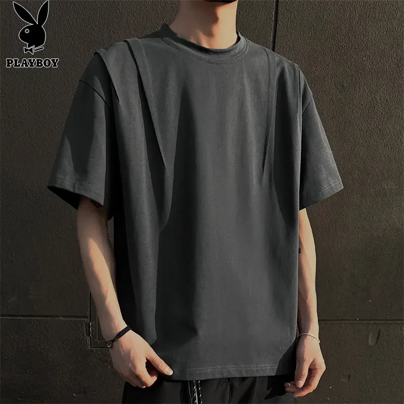 花花公子美式圆领短袖T恤男夏季2025新款潮牌高级感纯色半袖上衣