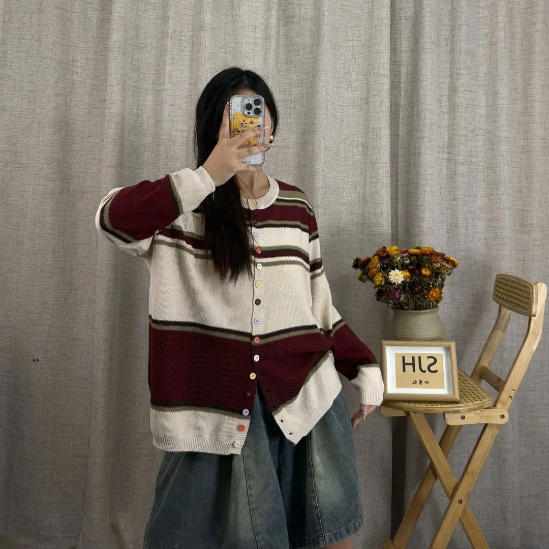 针织条纹长袖秋季女宽松毛针织衫韩版针织衫上衣