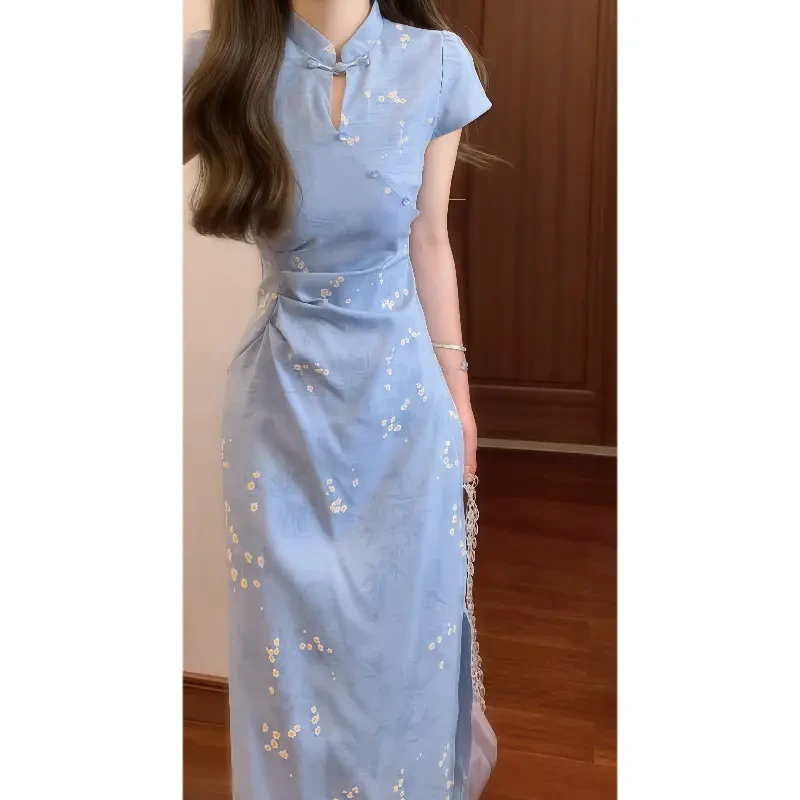 【如初】新中式国风绝美蓝色提花改良旗袍连衣裙收腰气质长裙8644