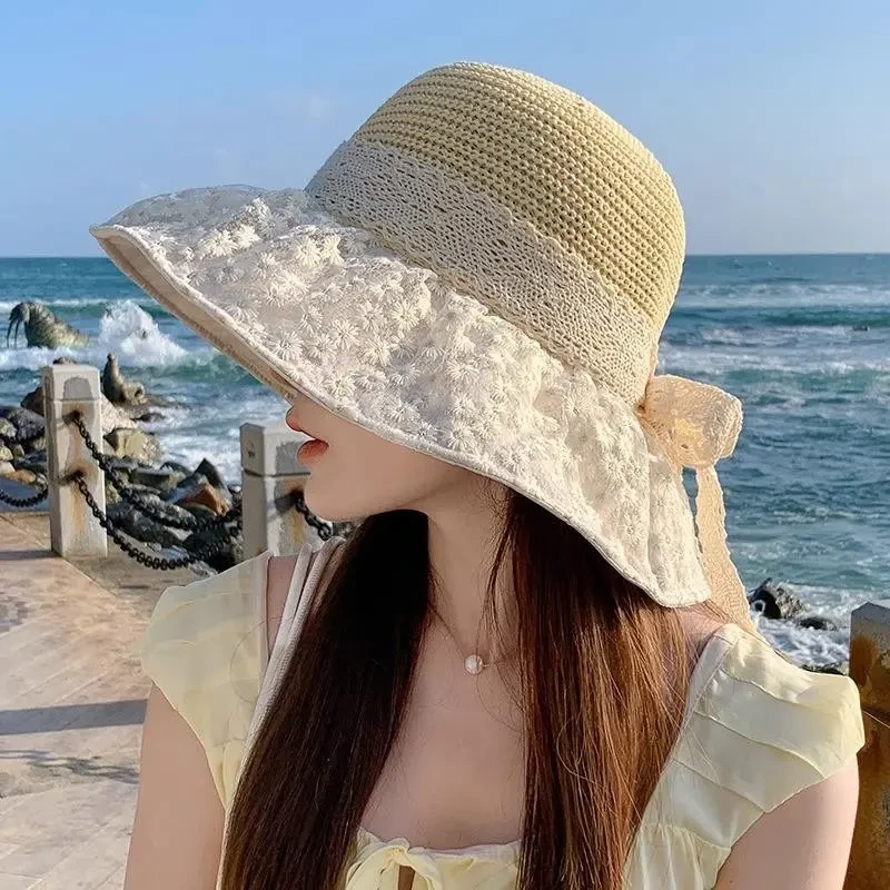 蕾丝蝴蝶结草帽女夏季透气大帽檐遮阳防晒帽韩版海边出游沙滩帽LQ
