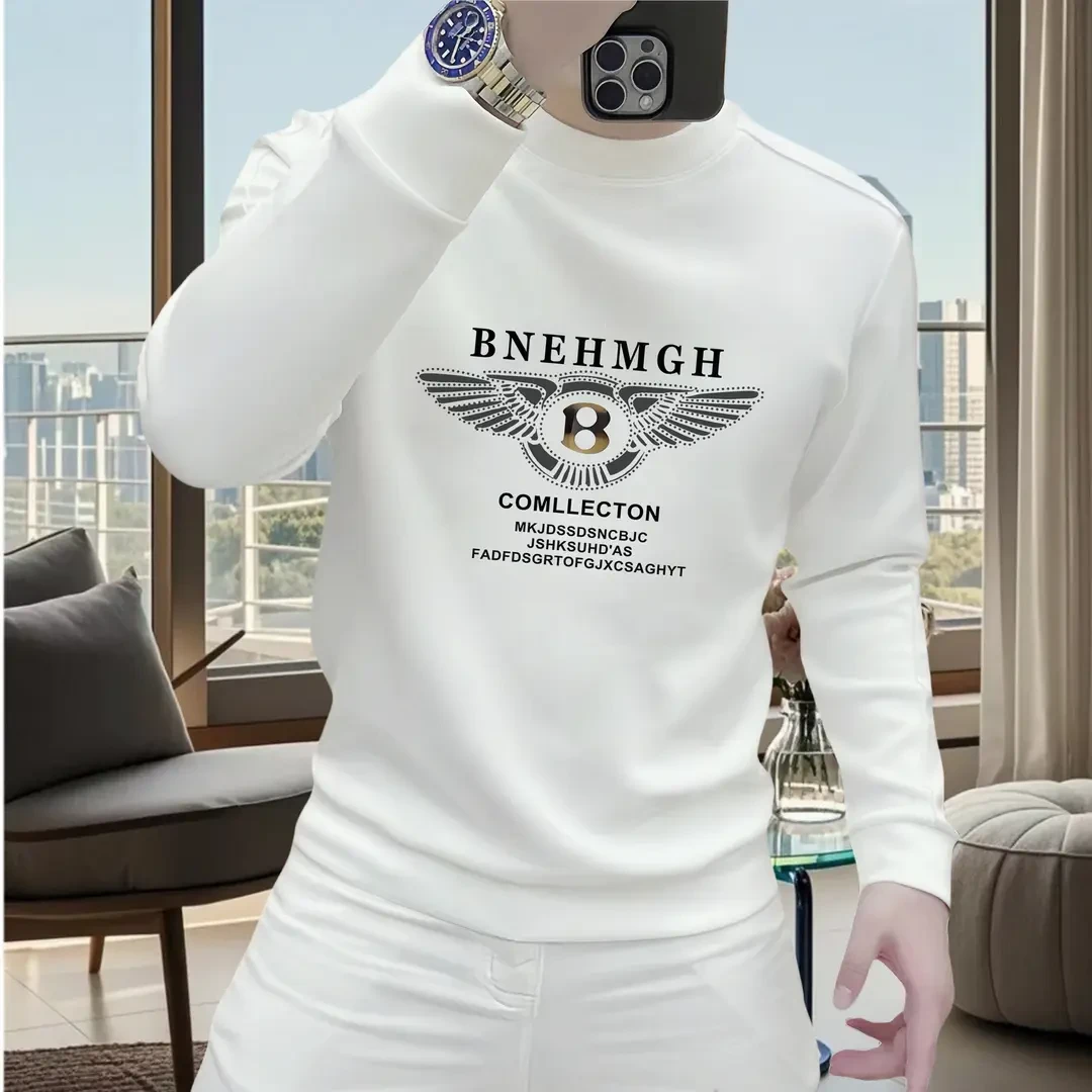 新款男士圆领加绒卫衣秋冬季潮流休闲百搭长袖时尚青年内搭上衣男