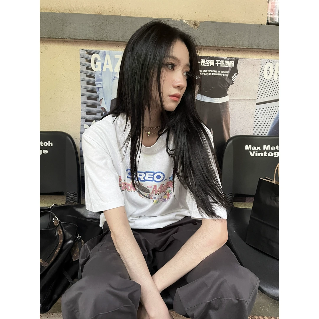 cunblvd常存 白色印花设计感T恤宽松休闲简约时尚百搭短袖上衣女