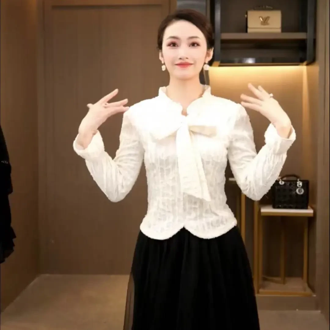 L3D1239 早秋法式复古白色绑带重工亮片时尚气质修身雪纺上衣