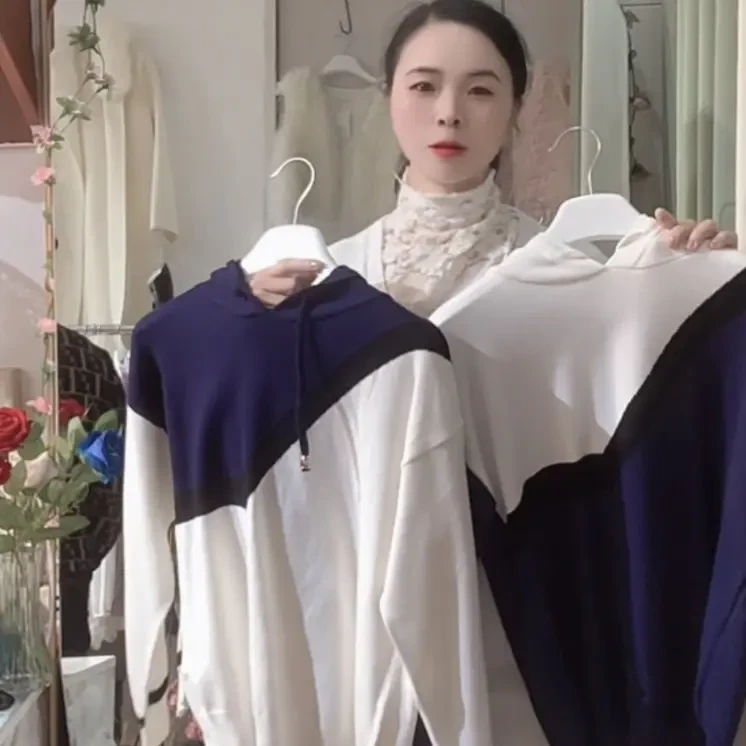 长袖拼接落肩袖连帽秋季青年卫衣拼色毛衣