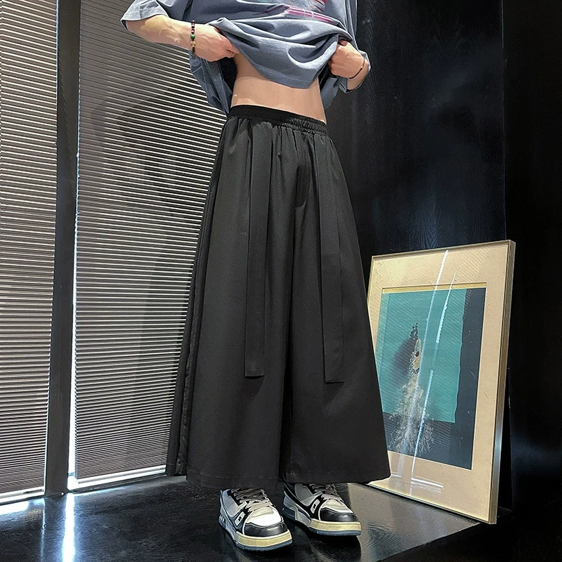 山本风黑武士高腰西裤男士松紧腰休闲九分裤新中式宽松高级感裙裤