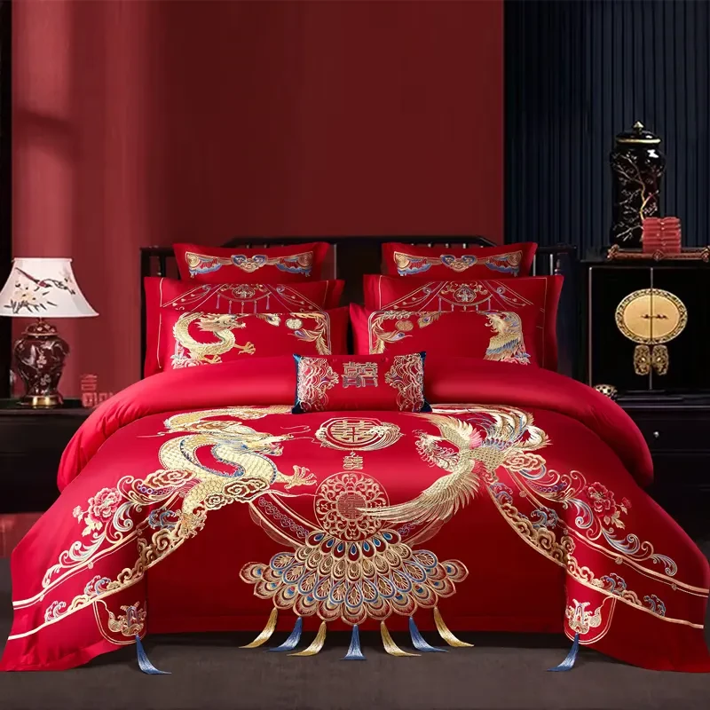 UK婚庆【龙腾盛世-贡缎】结婚婚庆四件套新婚大红色婚房龙凤绣花