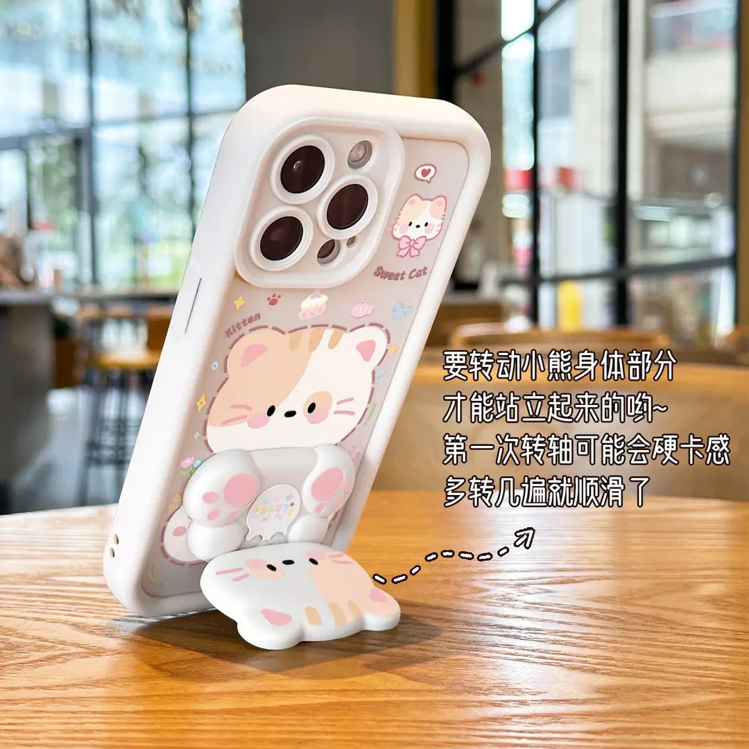 新款猫咪旋转镜子支架手机壳适用苹果15/13华为vivo小米oppo防摔