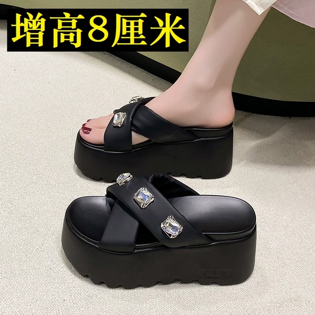 8cm厚底外穿拖鞋女2025夏新款小个子水钻休闲一字拖增高松糕凉鞋