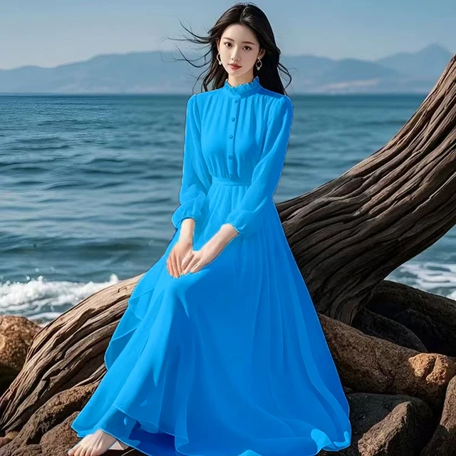 时尚高档雪纺连衣裙2025新款纯色长袖高连衣裙女夏季女士连衣裙新
