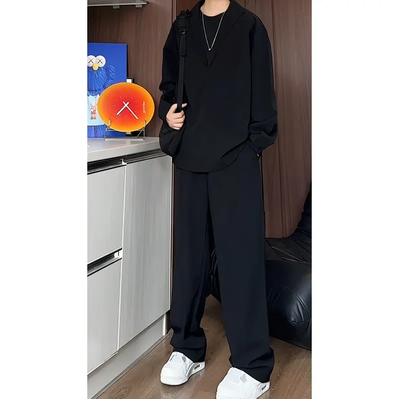 新款老钱风慵懒宽松纯色长袖v领假两件套装男宽松垂感潮长袖长裤