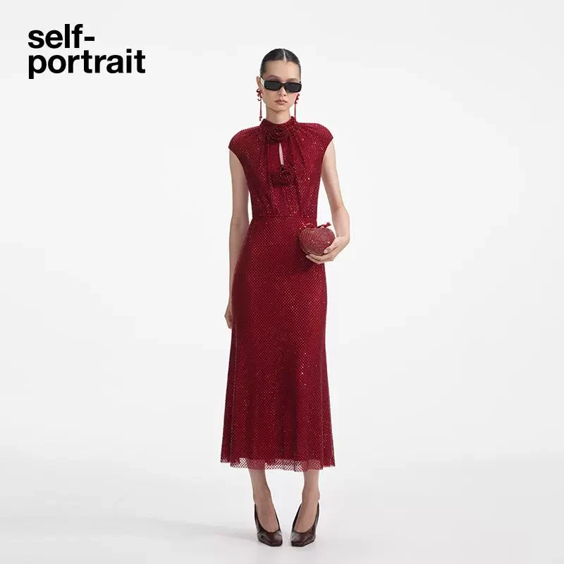 【赵丽颖同款】self-portrait 2025春夏酒红色玫瑰满钻礼服连衣裙