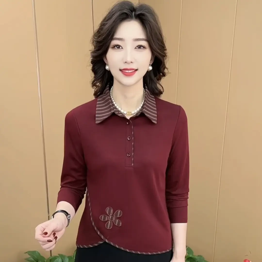 秋季新款时尚翻领纯色刺绣洋气妈妈装百搭中国风长袖女士小衫上衣