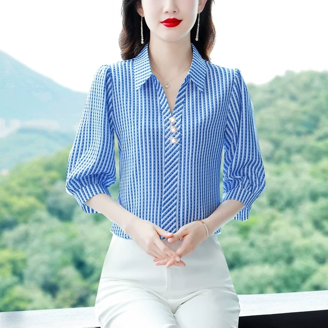 夏装条纹七分袖雪纺女士衬衫2025年妈妈时尚洋气上衣翻领中袖t恤